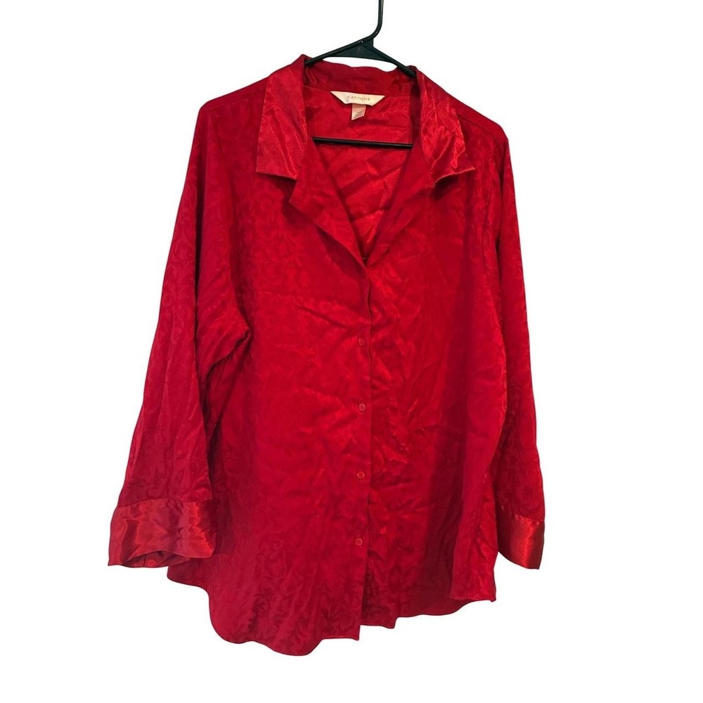 Cacique Red Damask Jacquard Pajama Top Button Down Sleep Shirt Plus Size 18/20